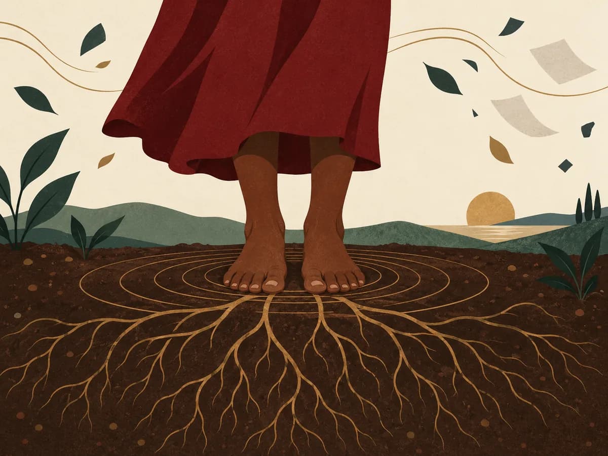 Flat illustration of a Black woman’s feet rooted in earth with concentric rings and branching roots