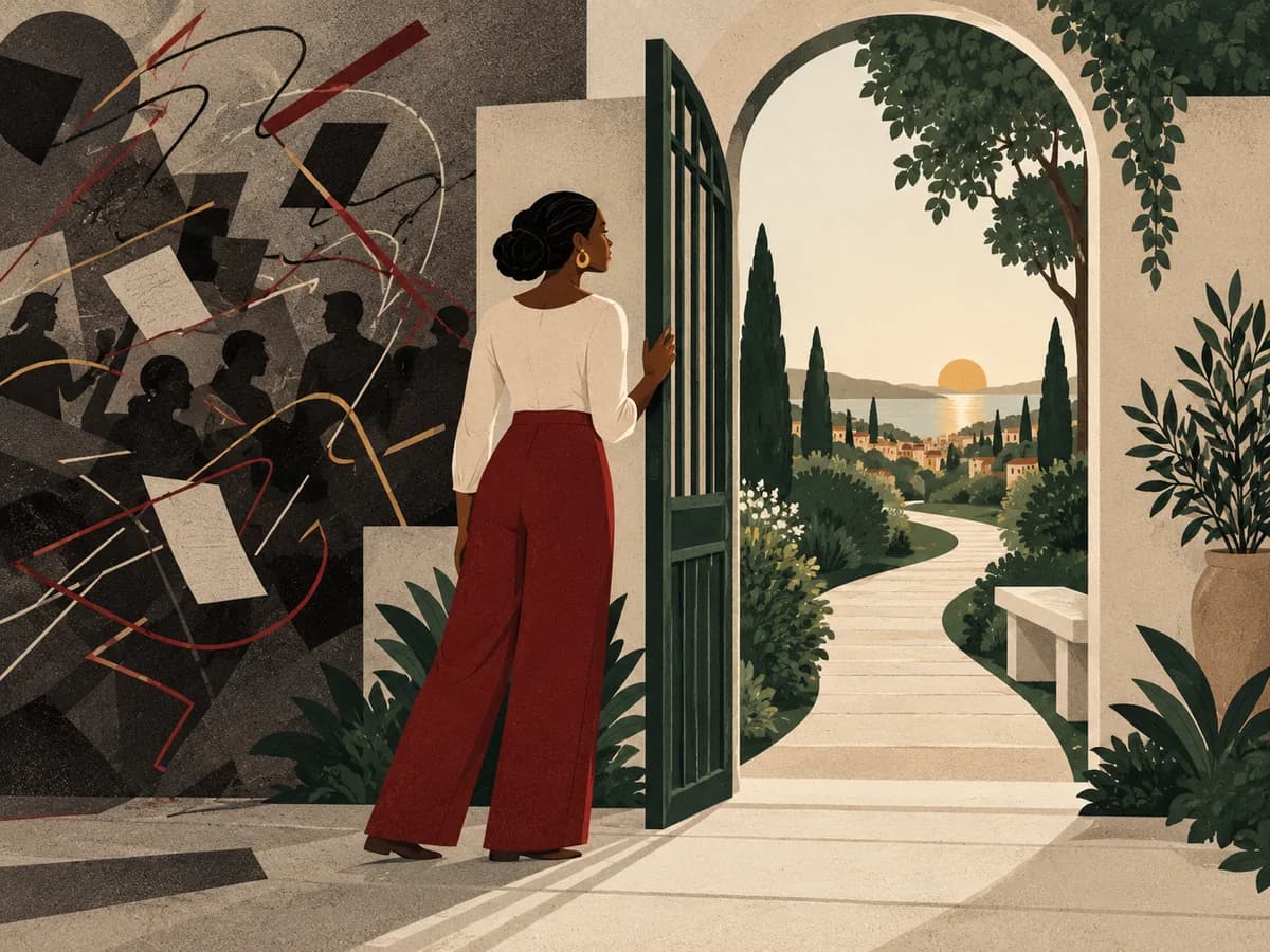 Flat illustration of a Black woman holding an open green gate between a noisy space and a calm path