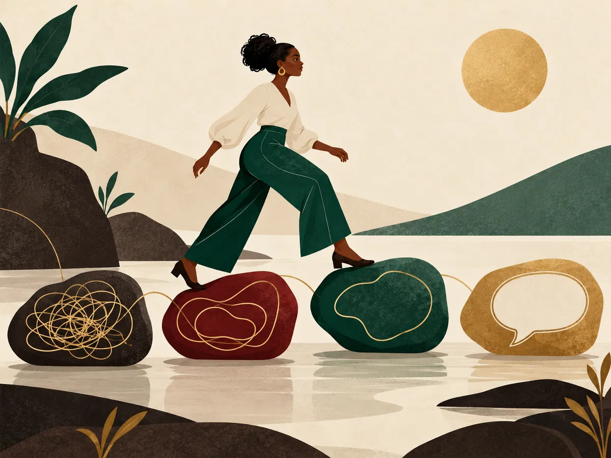 Flat illustration of a Black woman moving from tangled reactions toward a clear speech form