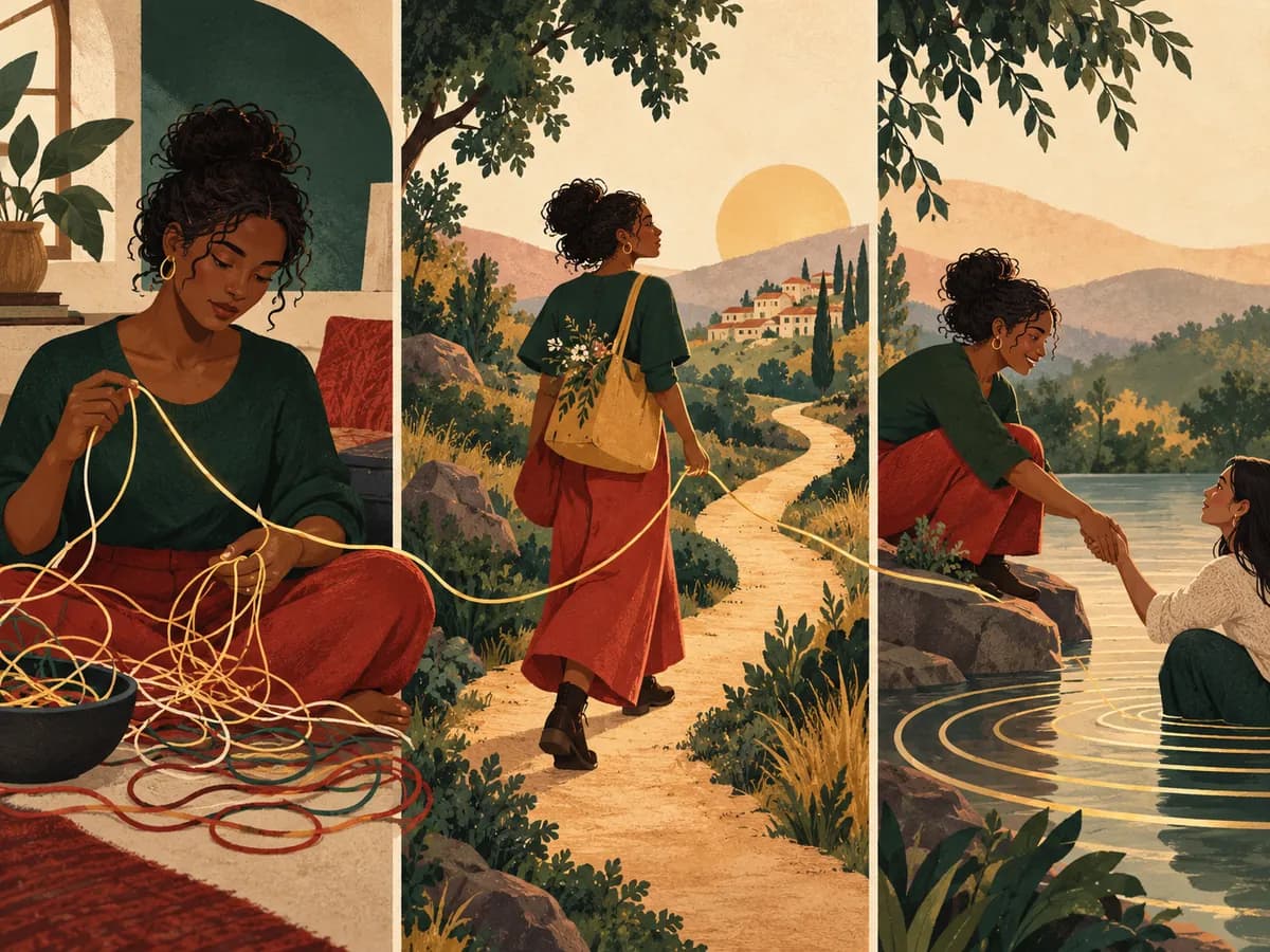 Flat triptych of a Black woman forming a coherent thread, walking with purpose, and helping another person