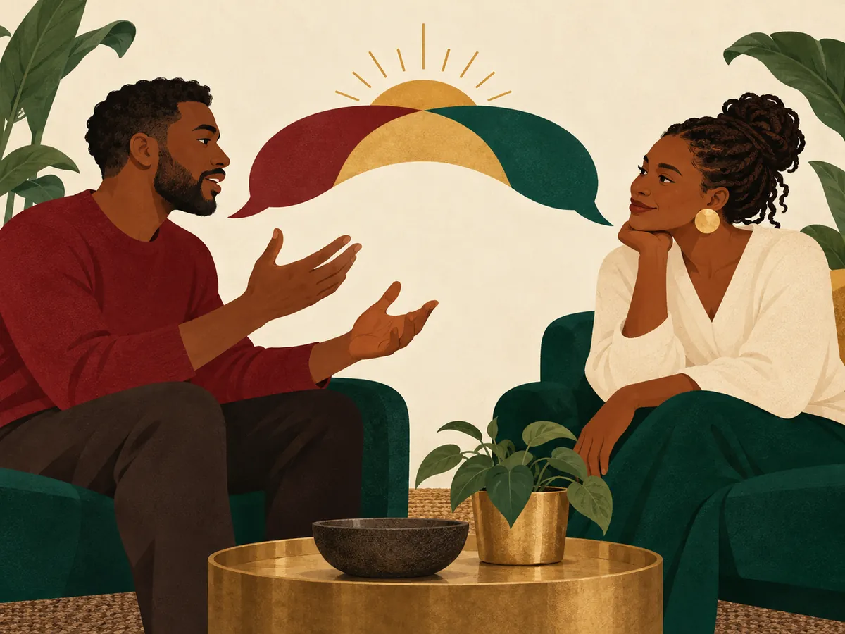 Flat illustration of two Black adults building understanding through an attentive conversation