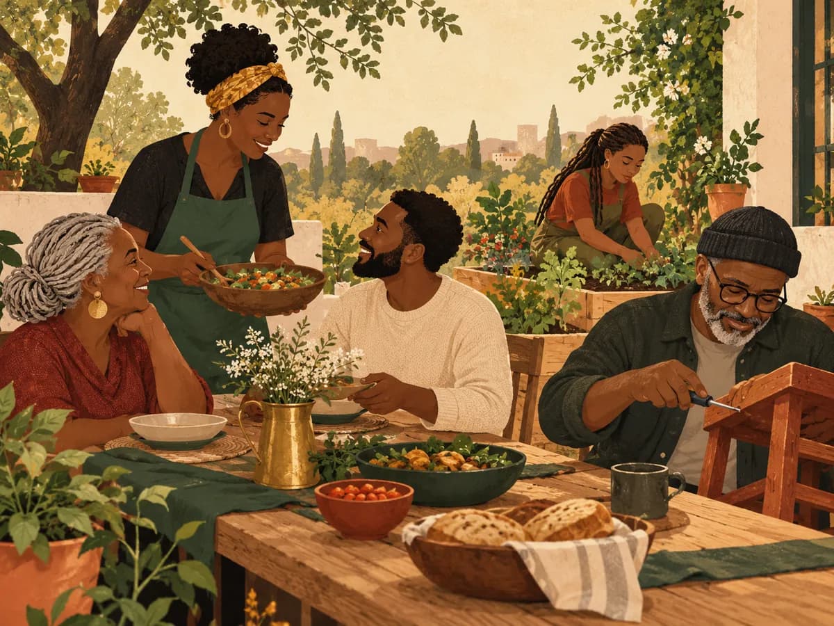 Flat illustration of Black adults sharing food, gardening, repairing, and connecting across generations